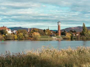 View of the river in the city. Ladenburg, Germany
